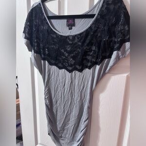 Bebe Elegant Gray fitted Top with Black Lace Overlay Panel NWT